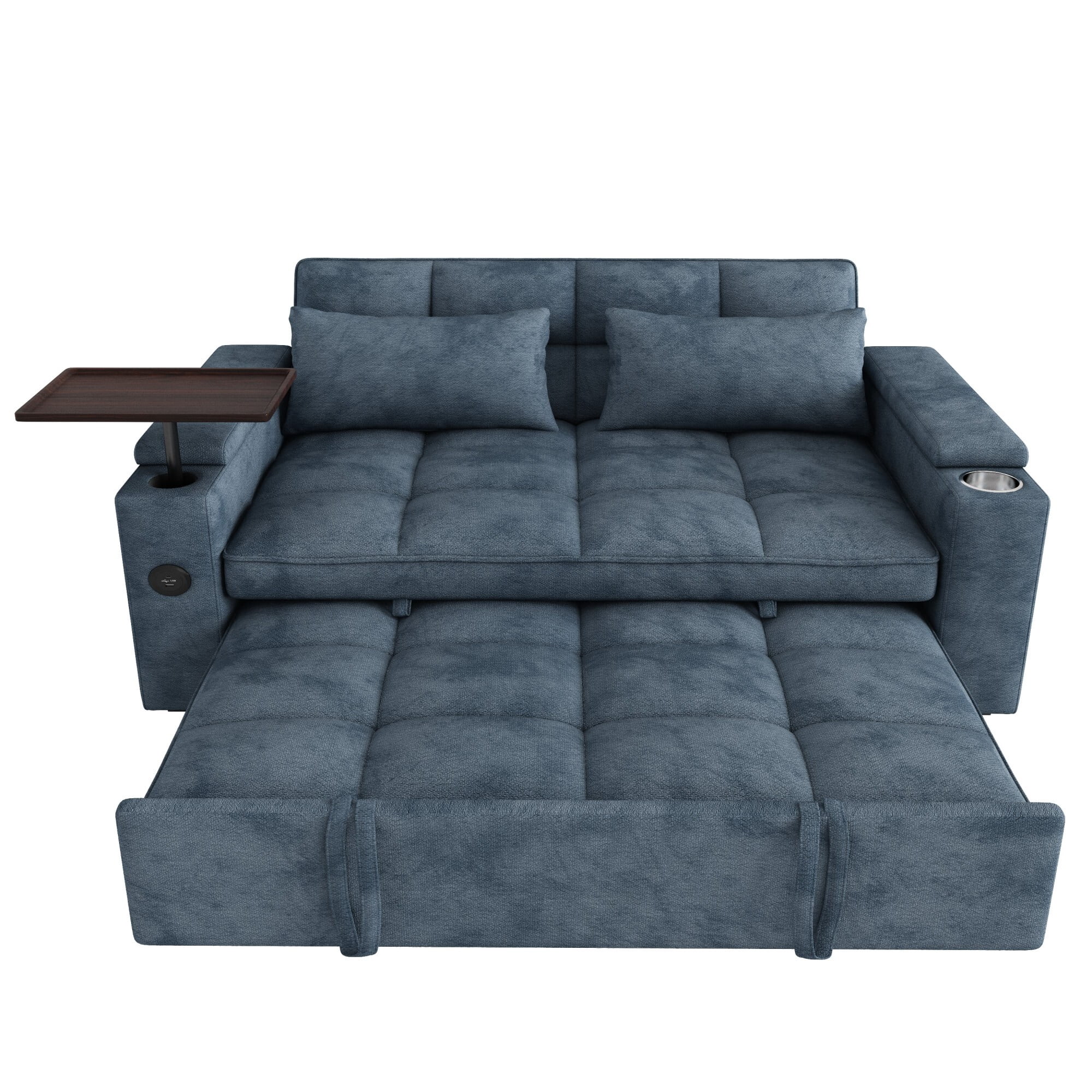 DEALTOPS 65" 3-in-1 Sleeper Sofa Bed, 3-Position Pull Out Couch with 90° Swivel Table, USB & Storage, Chenille, Blue