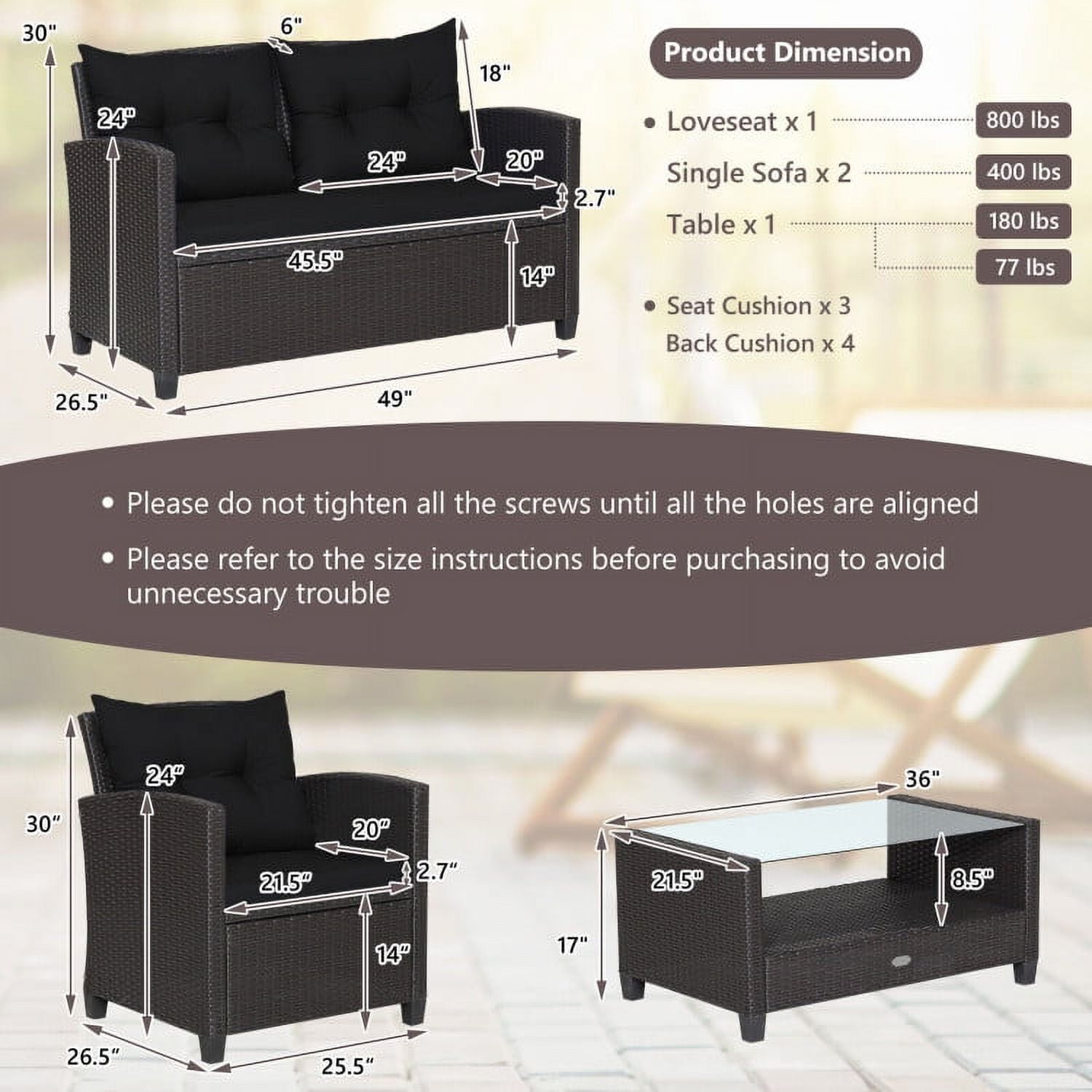 Aimee Lii 4 Pieces Wicker Patio Furniture Set with Tempered Glass Coffee Table, Wicker Outdoor Sectional, Black Aimee Lii 4 Pieces Wicker Patio Furniture Set with Tempered Glass Coffee Table, Wicker Outdoor Sectional, Black