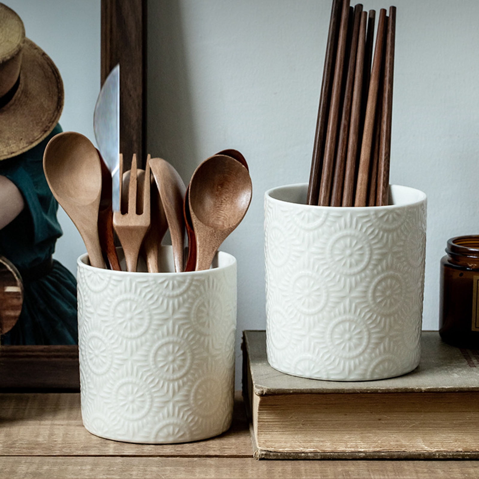Utensil Holder, Farmhouse Utensil Holder for Kitchen Countertop, Ceramic Cooking Utensil Crock, Kitchen Utensil Organizer for Wedding Gift, Spatula Holder for Counter