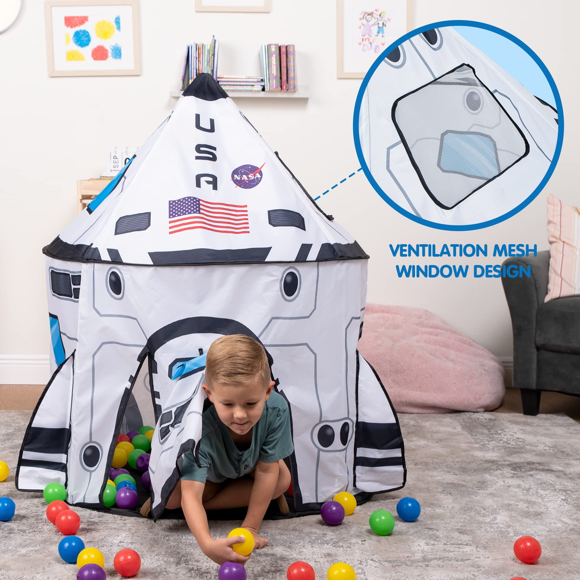 SYNCFUN Rocket Ship Play Tent Pop up Play Tent Kids Indoor Outdoor Spaceship Playhouse Tent Set