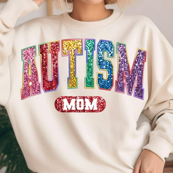 Autism Mom Embroidery Sweatshirt, Faux Sequin Autism Mama Pullover, Support Awareness Crewneck for Moms