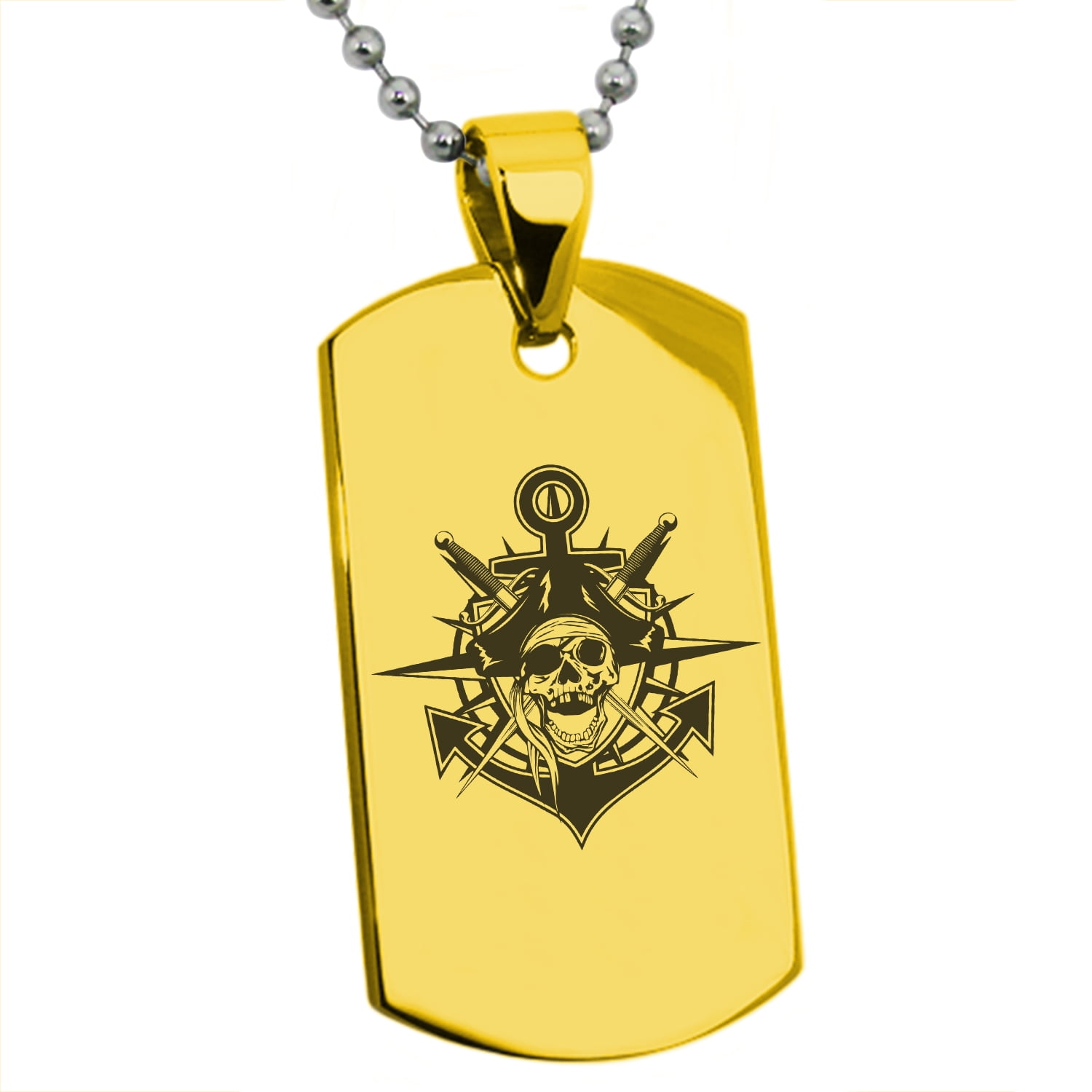 Stainless Steel Jolly Roger Pirate Skull Anchor Engraved Dog Tag