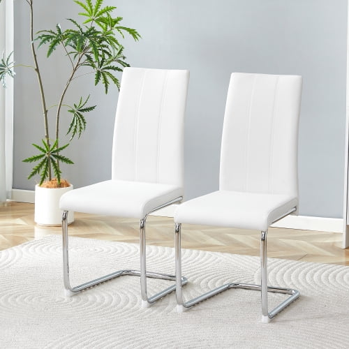 PU Leather Dining Chairs Set of 2, Upholstered Armless Dining Room Chair, Modern High Back Kitchen Side Chairs, Silver Metal Leg Kitchen Chairs for Dining Room & Office, White