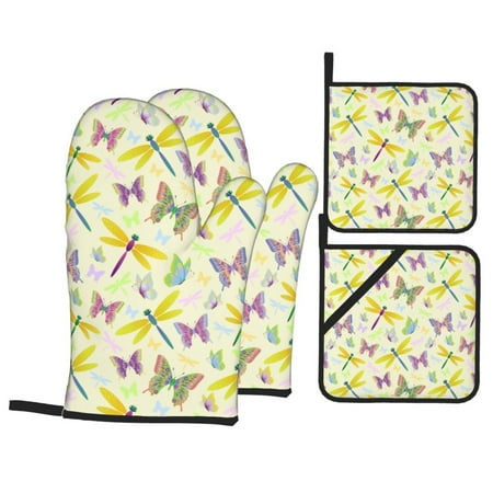 

Oven Mitts and Pot Holders Sets 4 pcs Brightly Colored Dragonfly Butterfly Non-Slip Oven Gloves Potholders Soft Quilted Lining Heat Resistant Gloves Hot Pads for Kitchen Cooking Baking