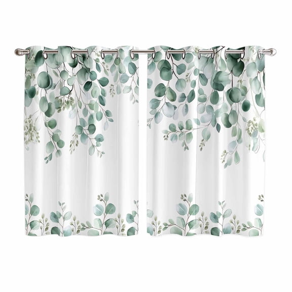 Eucalyptus Leaves Kitchen Curtains 72 Inch Length, Watercolor Sage Green Botanical Grommet Top Bedroom Living Room Curtains, Light Filtering Cafe Curtain Drapes 2 Panels Set 104''x72''