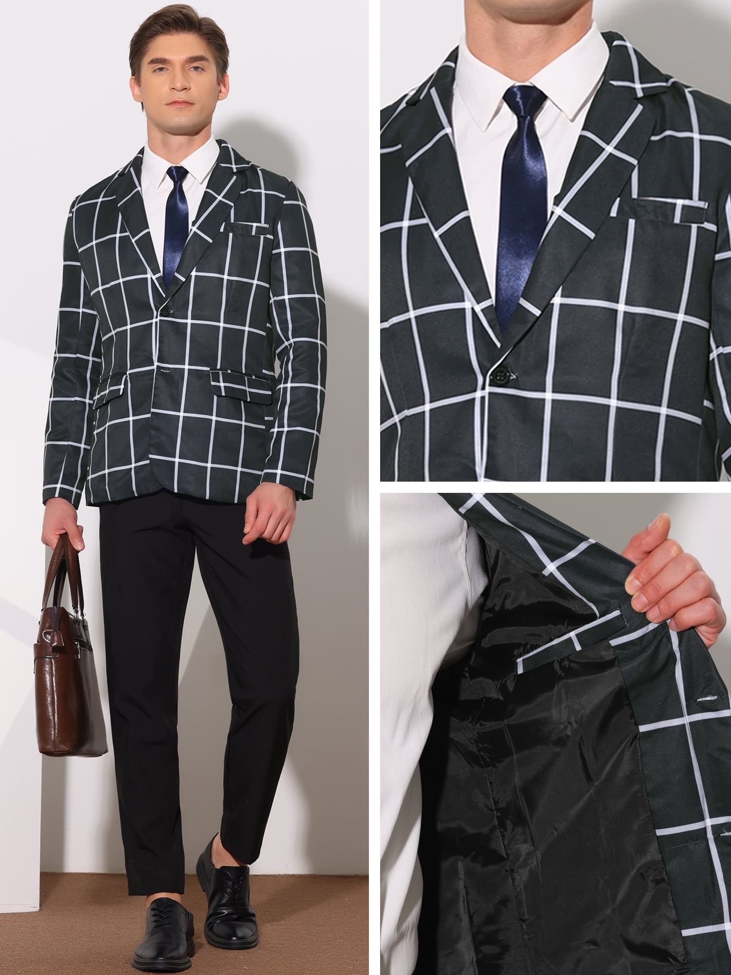 Unique Bargains Men's Plaid Contrasting Color Notch Lapel Two Button Blazer XL Black