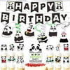 COOSOAR Panda Happy Birthday Hanging Swirl Streamers Banner Cake Topper Party Supplies Set Decor Green Foil for Panda Anime Fans Theme Birthday Party Decorations