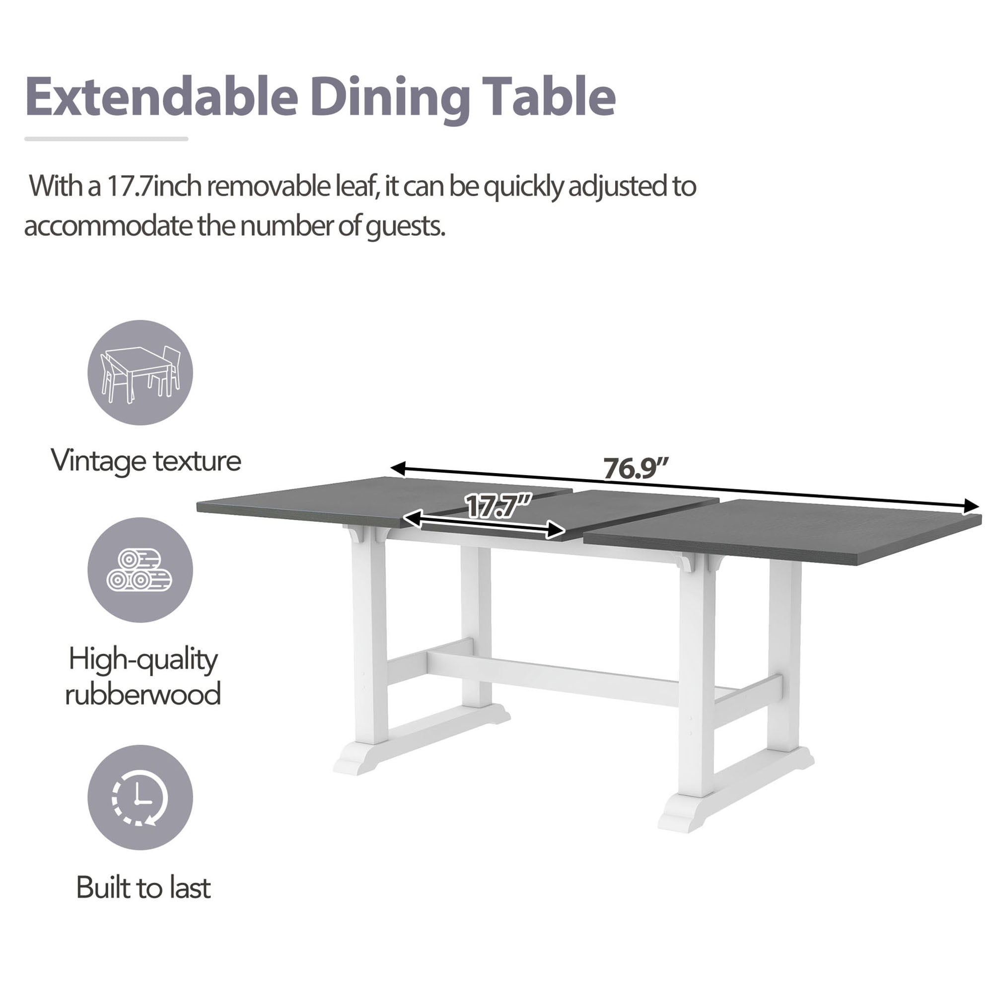 6-Piece Dining Table Set for 6, 76.9" Extendable Dining Table with Removable Leaf, 4 Chair and Bench