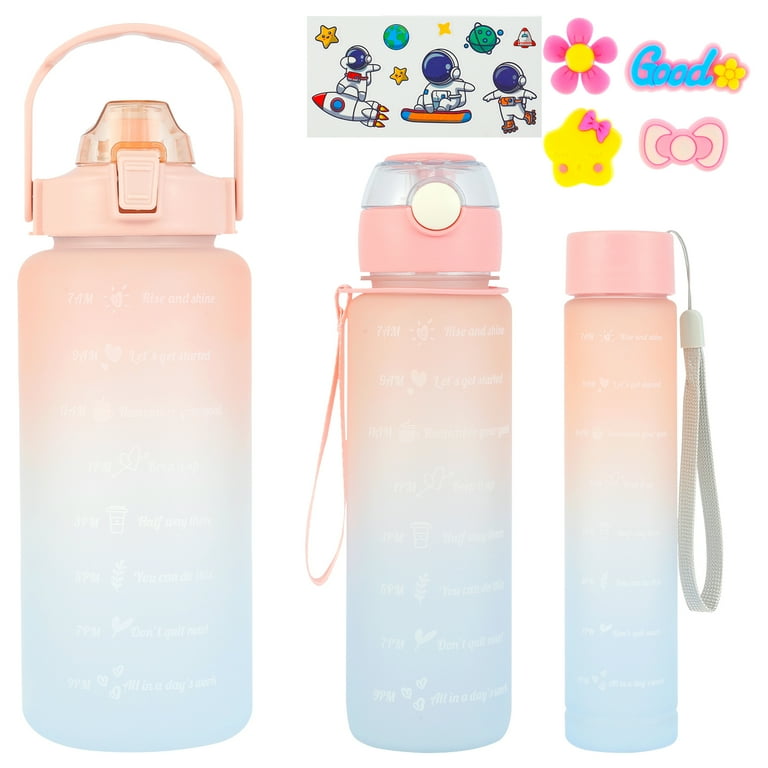 Kawaii Jumbo Plastic 2000ml Water Bottle With Time Marker & Straw