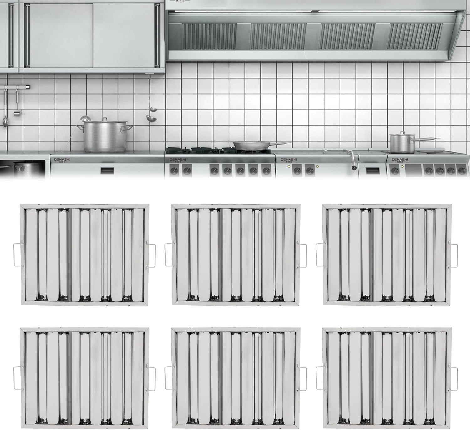 Stainless Steel Hood Filter 19.5W x 15.5H Inch, 5 Grooves Commercial Kitchen Restaurant Range Hood Filters, Set of 6 Grease Filter for Grease Rated Exhaust Hoods