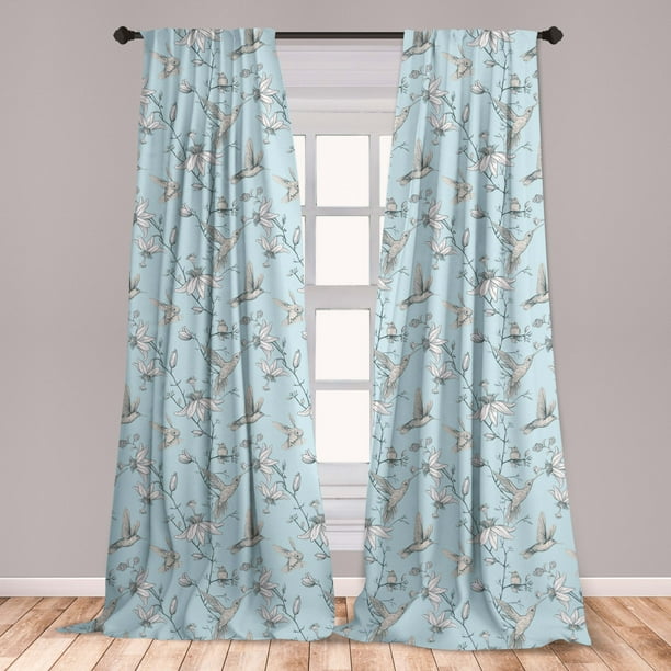 Bird Curtains 2 Panels Set, Composition of Flowers and Hummingbirds in Vintage Design Nature