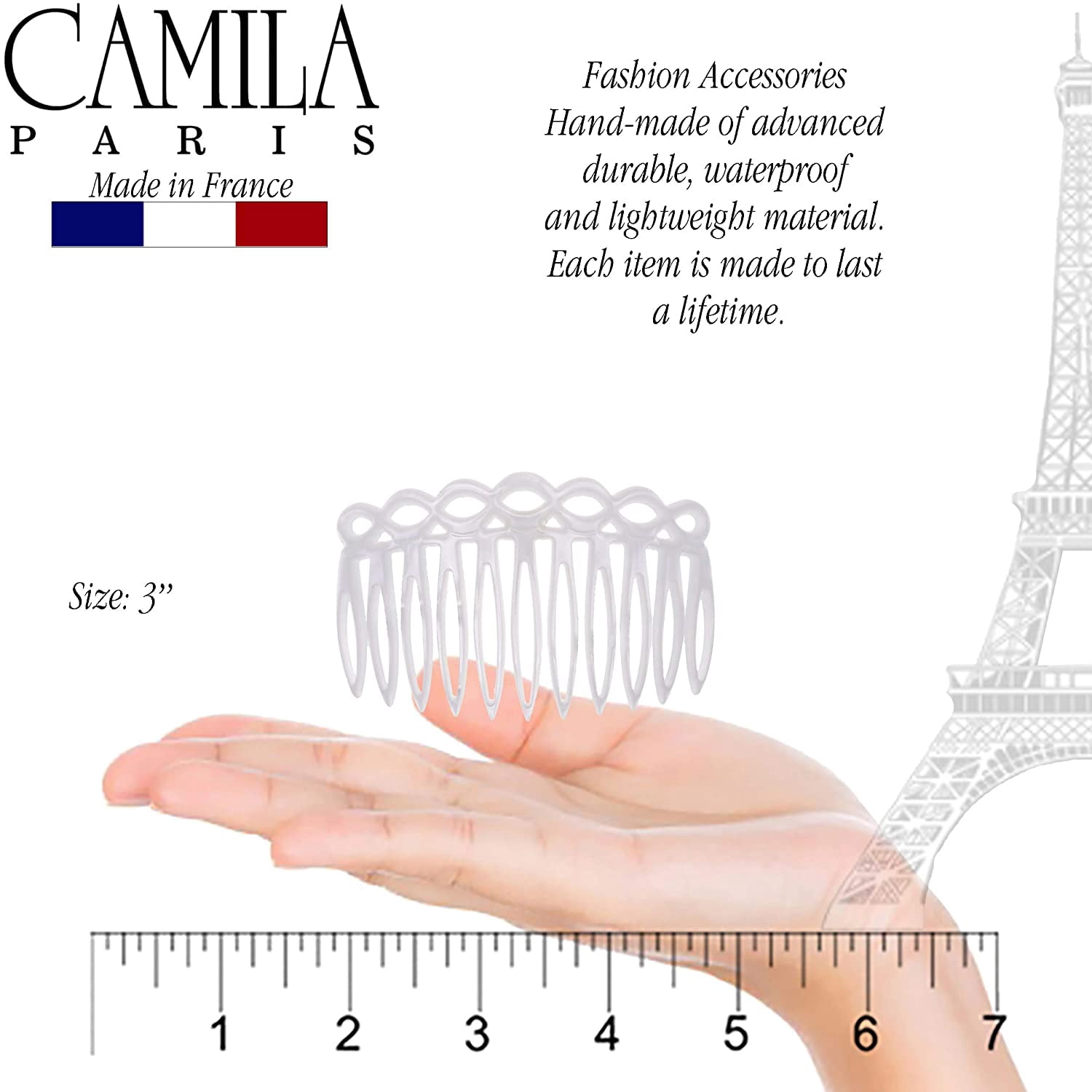 Camila Paris CP3142 French Hair Side Comb Small Handmade White French Twist Hair Combs Decorative, Strong Hold Hair Clips for Women Bun Chignon Up-Do Styling Girls Hair Accessories, Made in France