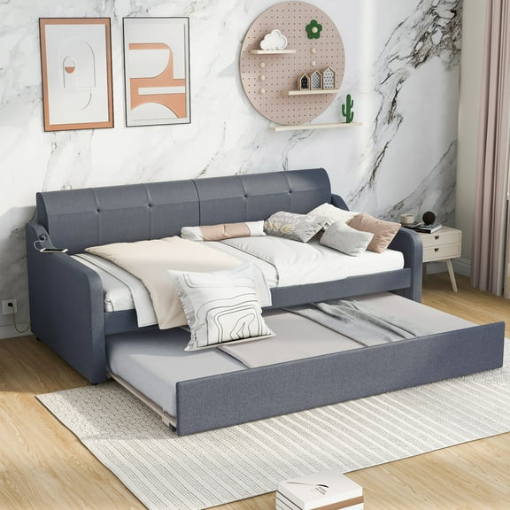 Full Size Bedframe Upholstery Daybed with Trundle and USB Charging Design,Trundle can be flat or erected,Gray
