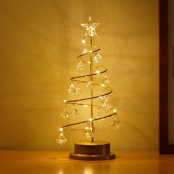 Christmas Tree Crystal Lamp Crystal Spiral Christmas Tree with Glittering Star 13 Inch Gold Christmas Tree Light with Metal Stand
