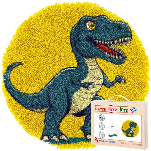 Latch Hook Rug Kit Cartoon Dinosaur Stamped Handmade Round Shape Carpet Crochet Yarn Craft DIY Hook and Latch Door Mat Tapestry for Home Floor Decor 50x50cm(6)