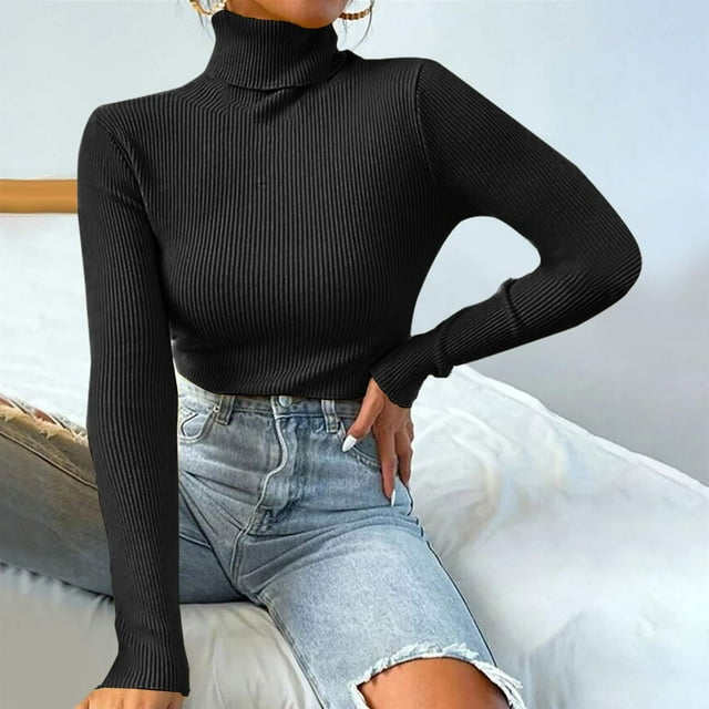 Aqestyerly Chandails à Col Montant pour Femmes Mode Femmes Uni Manches Longues Chandail Col Roulé Décontracté Hauts HWRETIE
