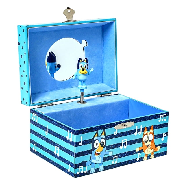 Mini Treasures Bluey Joyero para niñas – Joyero musical con figura giratoria, juguetes Bluey para niños de 3 a 5 años – Reproduce canción temática Bluey – 6 x 4.7 x 3.5 pulgadas