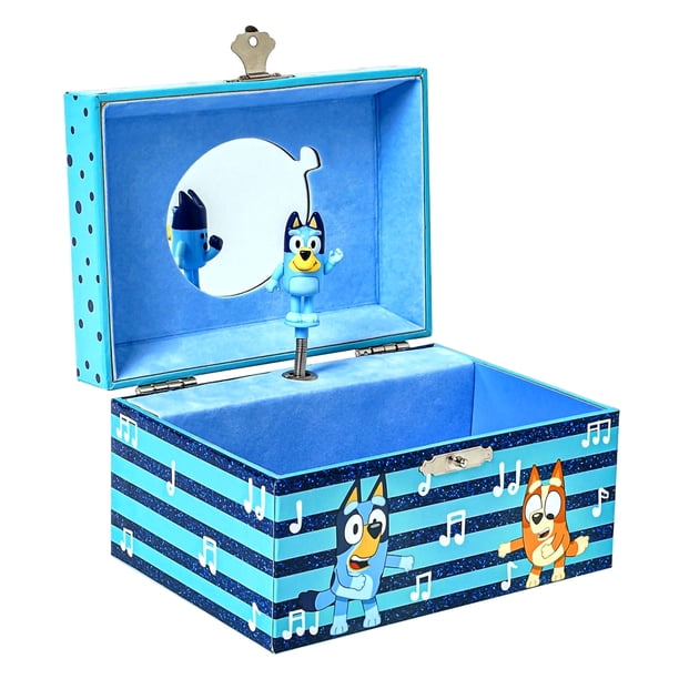 Mini Treasures Bluey Joyero para niñas – Joyero musical con figura giratoria, juguetes Bluey para niños de 3 a 5 años – Reproduce canción temática Bluey – 6 x 4.7 x 3.5 pulgadas