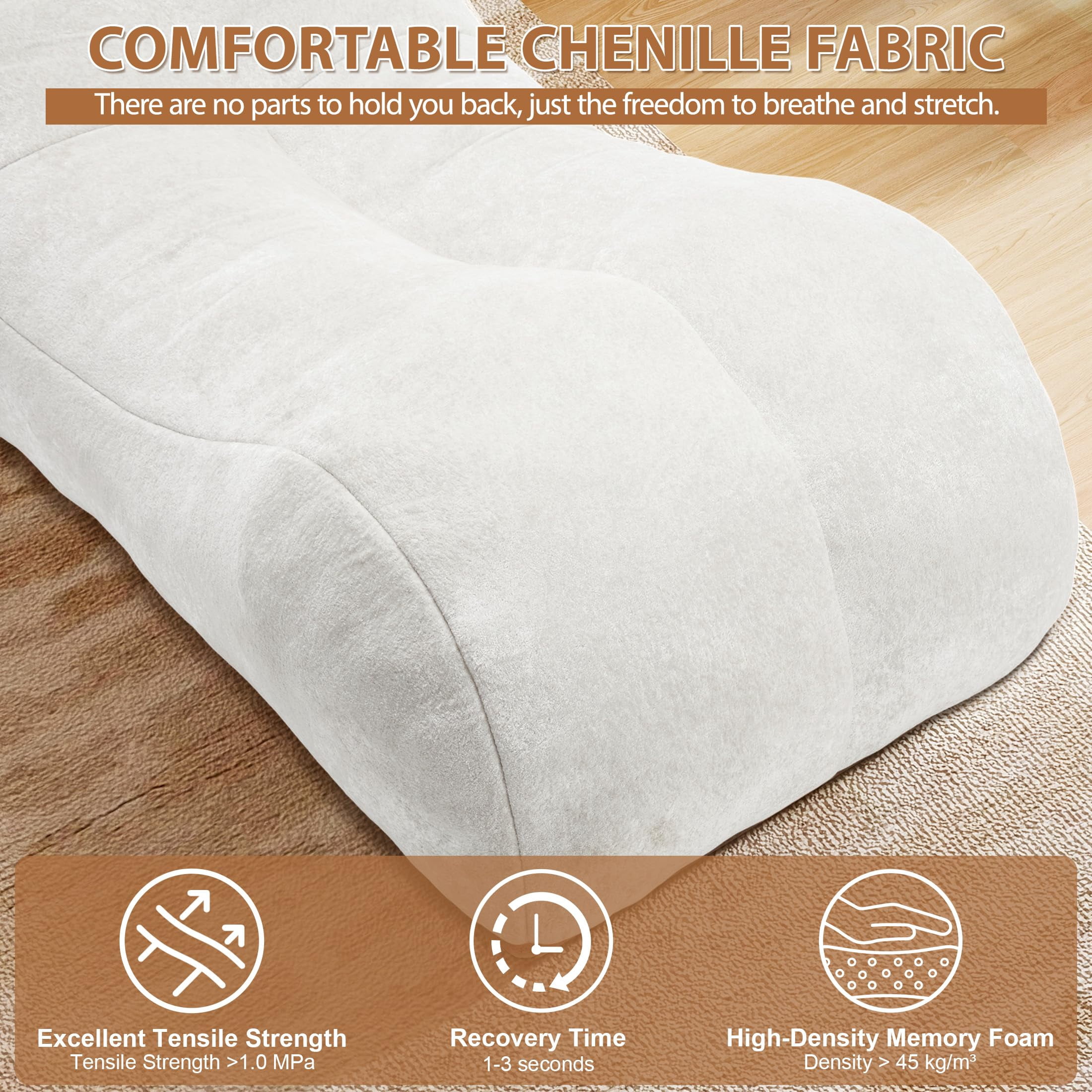 Aukfa Chaise Lounge, Bean Bag Sofa for Stretching, Relaxation, High Density Foam Recliner, White