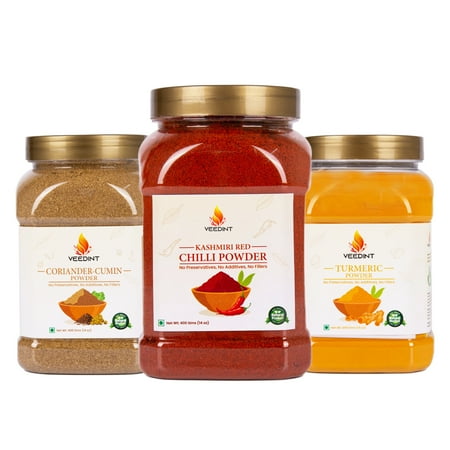 Veedint Kashmiri Red Chilli Powder  Turmeric Powder  Coriander Cumin Powder  Combo Offer Pack  400 gram / 14 oz Each  Fresh from Farm