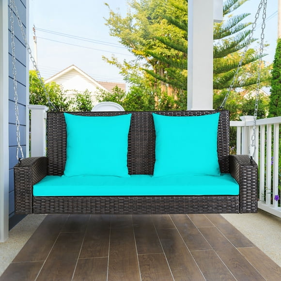 Costway 2-Person Patio Rattan Hanging Porch Swing Bench Chair Cushion Turquoise
