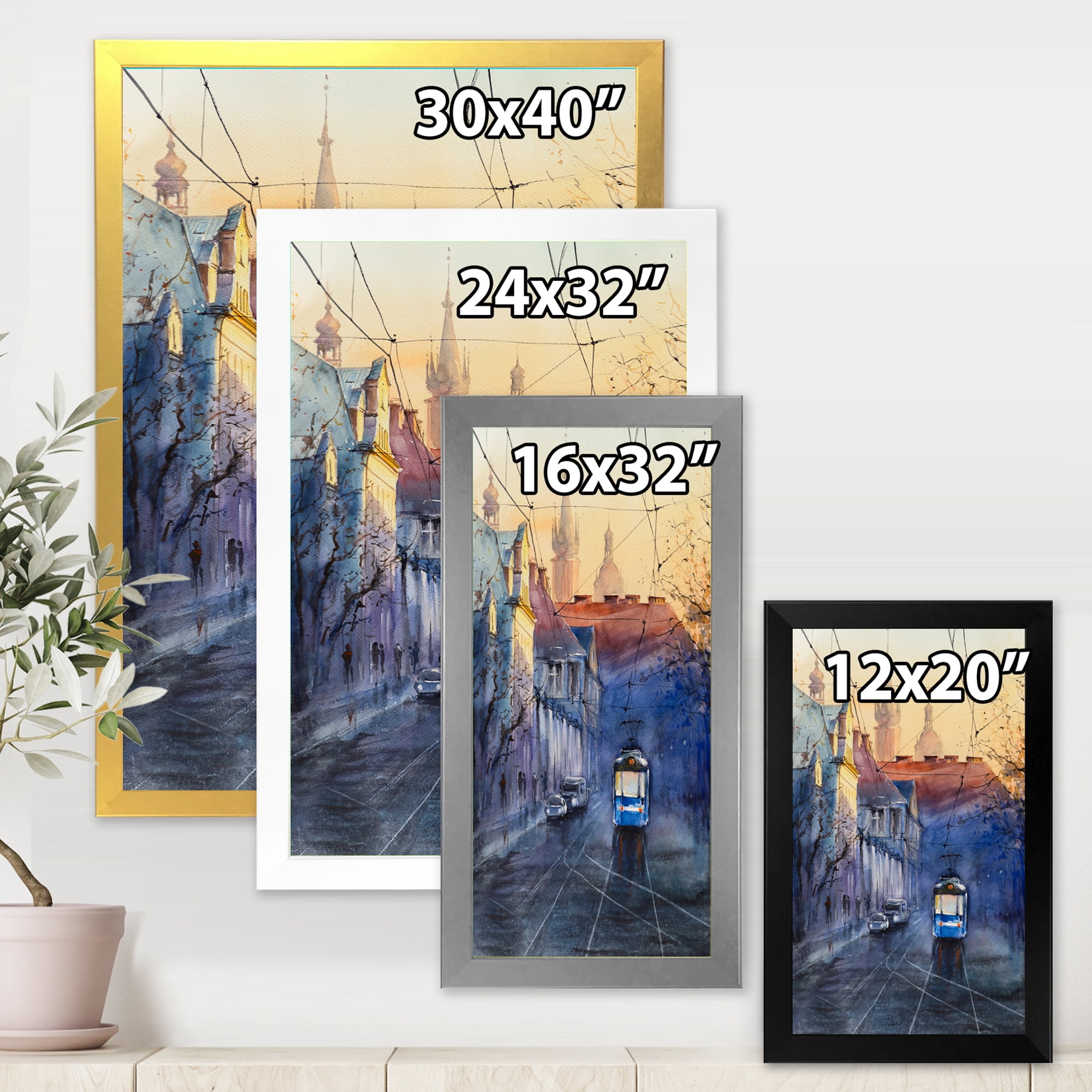 Blue Tram At Sunset With Church During Sunset Cityscape 12 in x 20 in Framed Painting Canvas Art Print, by Designart
