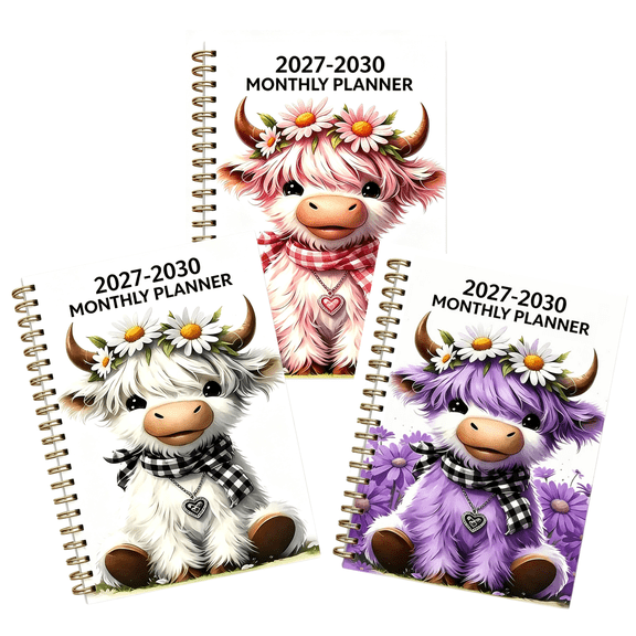 3 Pack 2027-2030 Monthly Planner Notebook, Cute Highland Cow Spiral Bound College Ruled Journal with Back Pocket, 120 Thick Pages Twin-Wire Binding Daily Planner