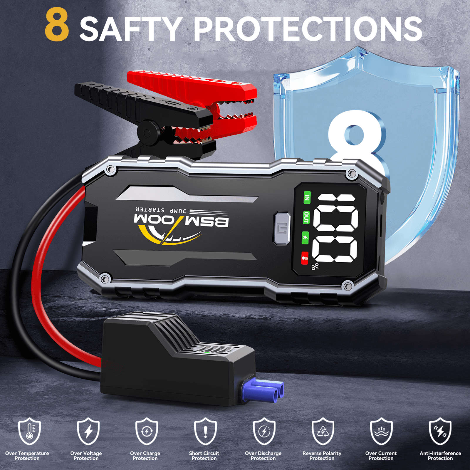 BSMOOM 7000A Car Jump Starter, 26800mAh Car Jump Starter Battery Pack for up to All Gas/10.0L Diesel Engines, 12V Portable Jump Box with LED Display, LED Light, Power Bank with Type-C Port