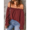 thumbnail image 6 of Women'S Off Shoulder Top Ruffle Long Sleeve Chiffon Blouse Casual Loose Shirts Wine Red XXL, 6 of 7