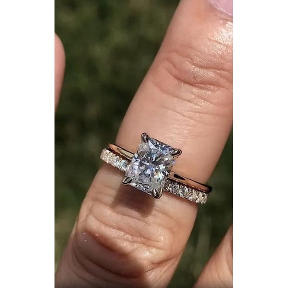 Solitaire Brilliance 2Ct Radiant Moissanite Engagement Ring with Dainty Half Eternity Wedding Band Set in 10K Yellow Gold, Ring Size 4