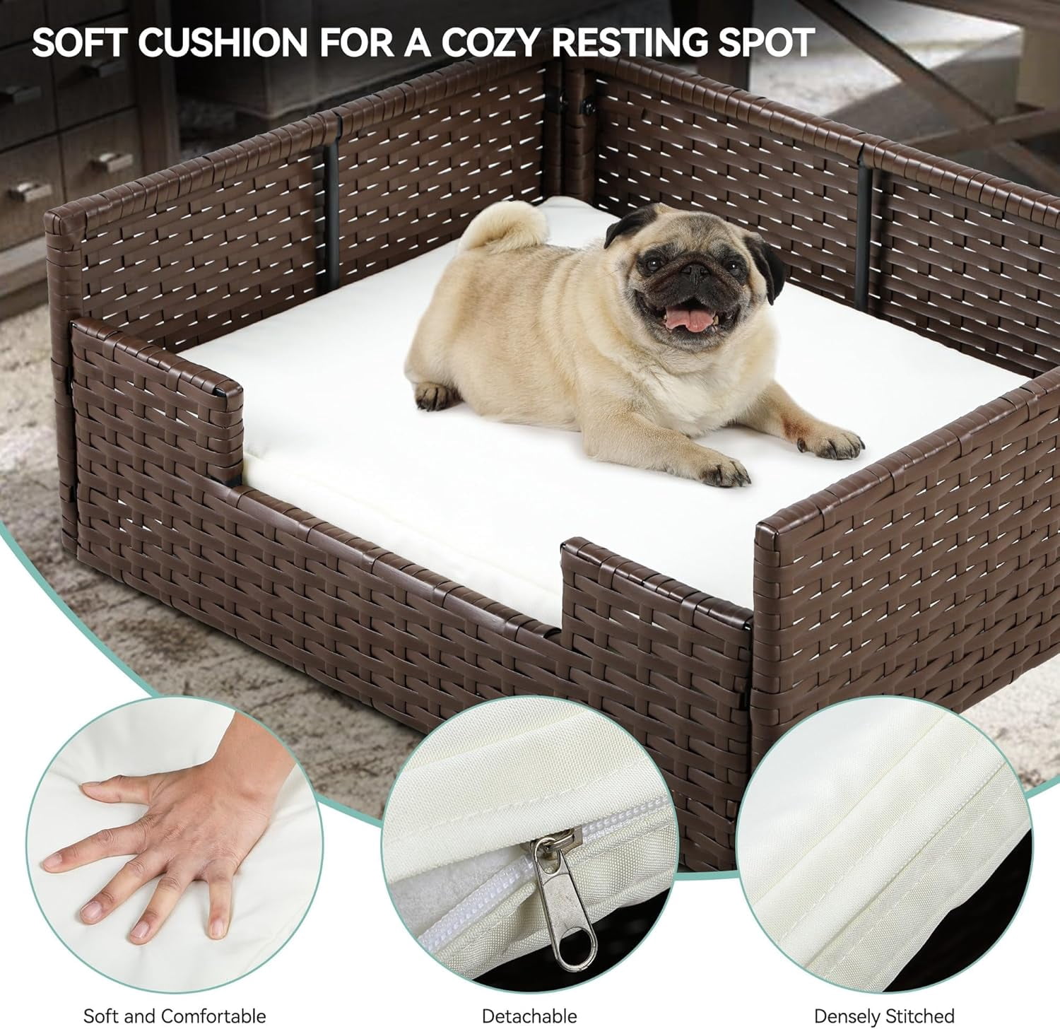 Rattan Pet Sofa Bed with Cushion, Wicker Dog Cat Bed Couch Indoor Outdoor Waterproof for Large Medium Small Pets, 34.6"L x 23.6"W x 11.8"H, Beige