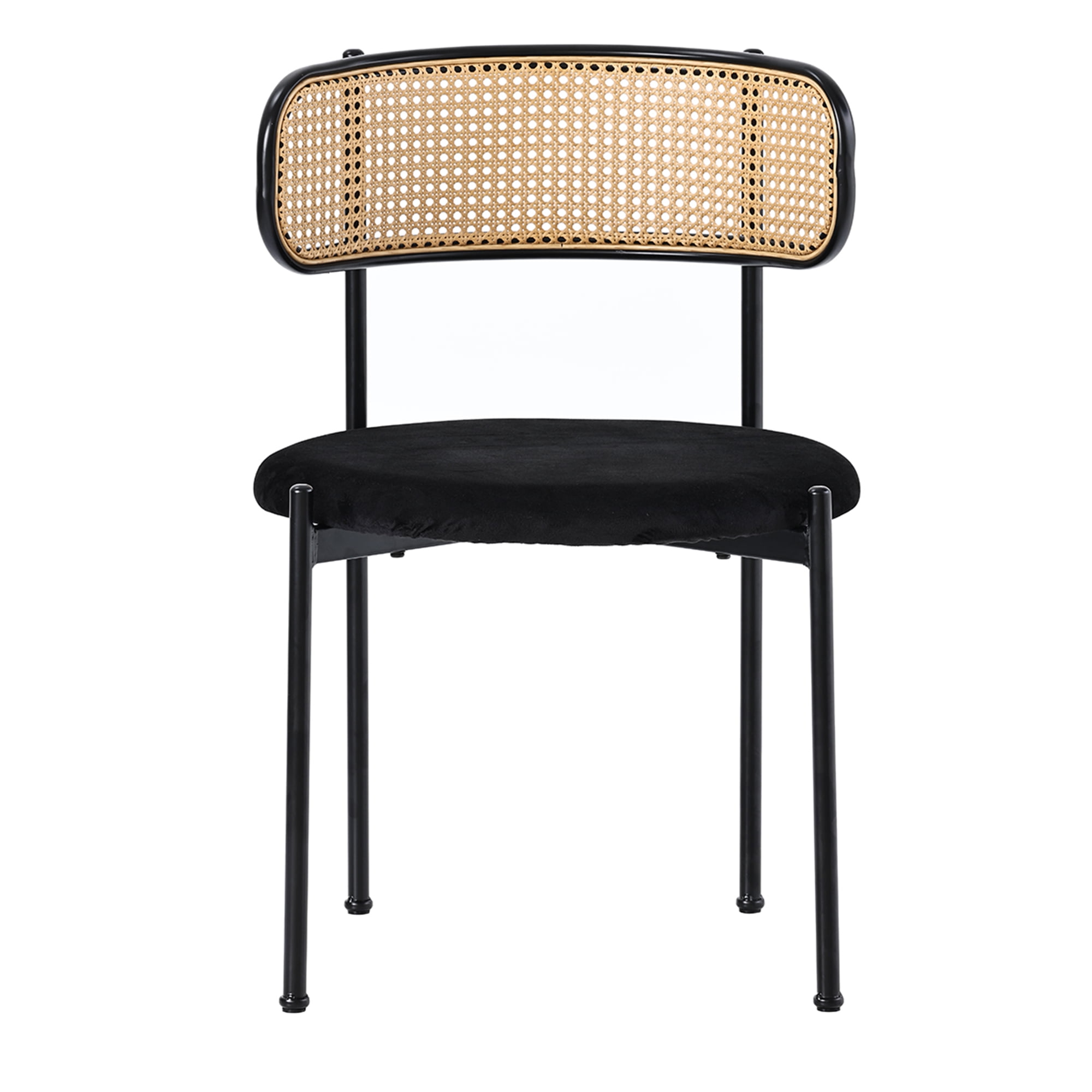 Noble House Set of 4 Velvet Dining Chairs with PE Rattan Backrest, Sturdy Metal Legs,Black+Natural