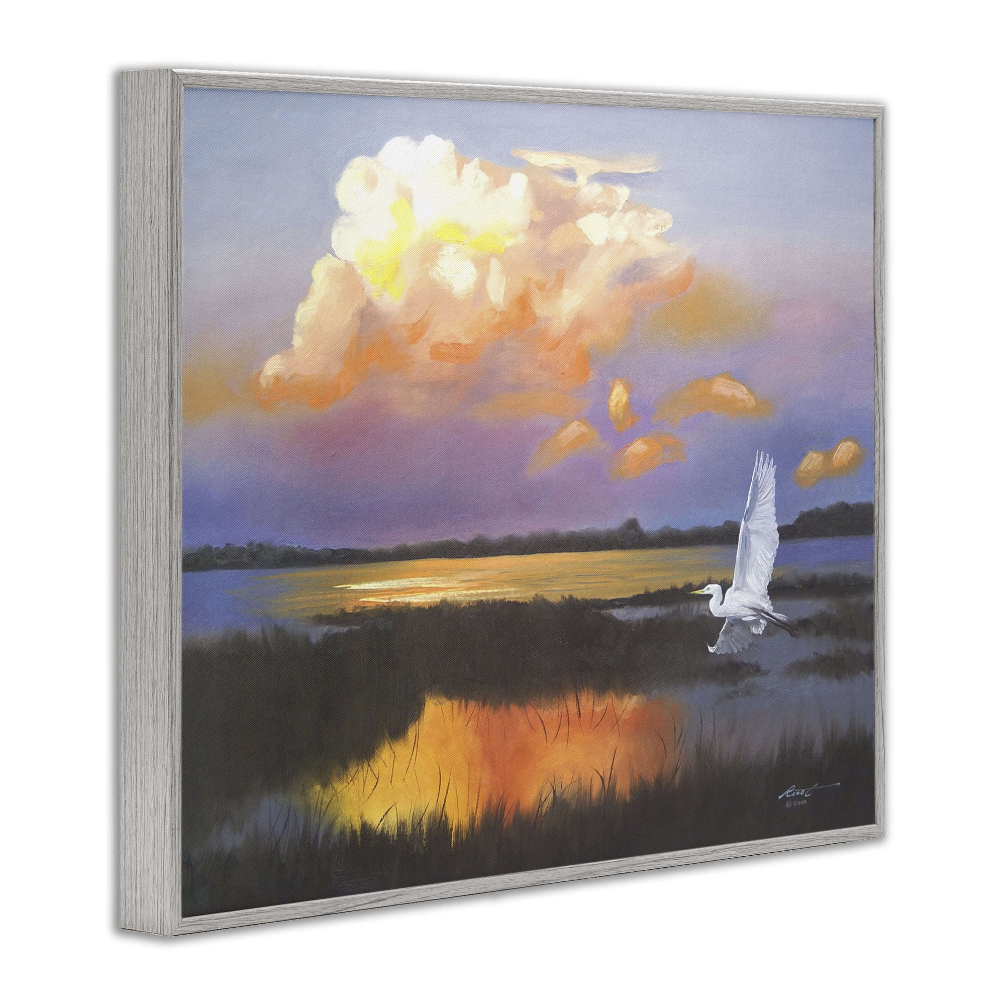 Stupell Industries Egret Over Cloudy Reflection Landscape Painting Gray Framed Art Print Wall Art, 14 x 11