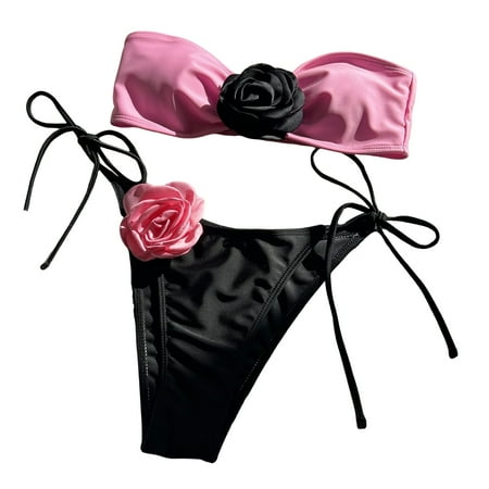 TNOBHG Sexy Bikini Top with Contrasting Color Stitching 2pcs/set Women Sexy Bikini Set Patchwork Color Bandeau Bra Lace-up Set Rose Flower Decor Swimwear