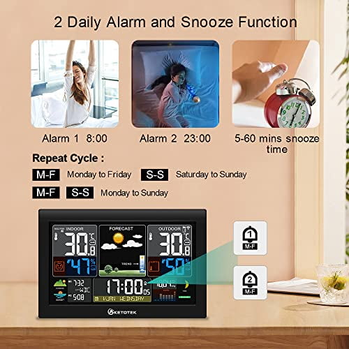 Wireless Weather Station with Outfdoor Sensor 8.8'' LCD Digital Thermometer Hygrometer,WWVB Radio Alarm Clock,Barometer,Weather Forecast,City Sunrise Sunset Time,Calender,Moon Phase
