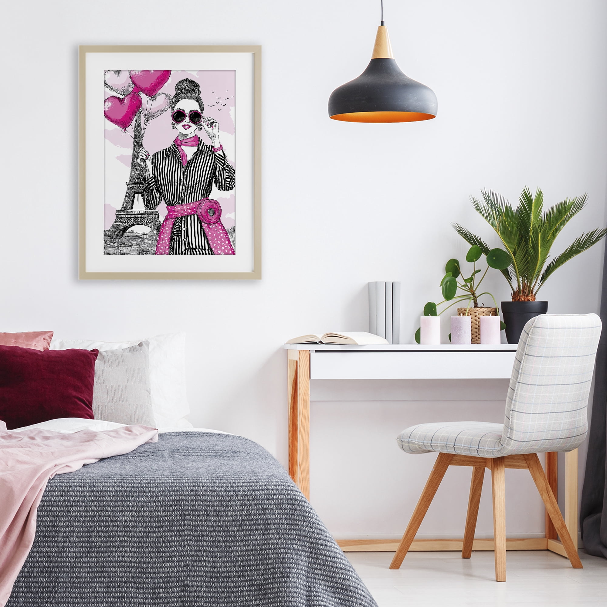 Stupell Industries Parisian Chic Woman with Balloons Birch Framed Print Under Glass, design by Jess Stempel