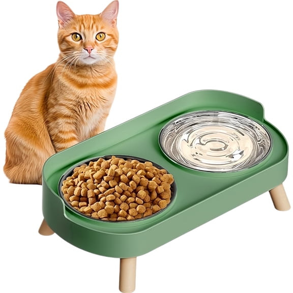 Elevated Pet Feeder with Wooden Stand,2 Removable Stainless Steel Bowls,Spill Proof Raised Dish for Cats & Small Dogs,1 Set