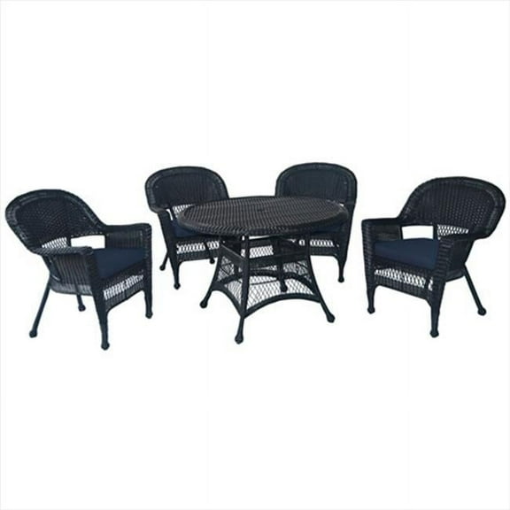 Jeco W00207D-D-G-FS011 5 Piece Black Wicker Dining Set - Blue Cushions