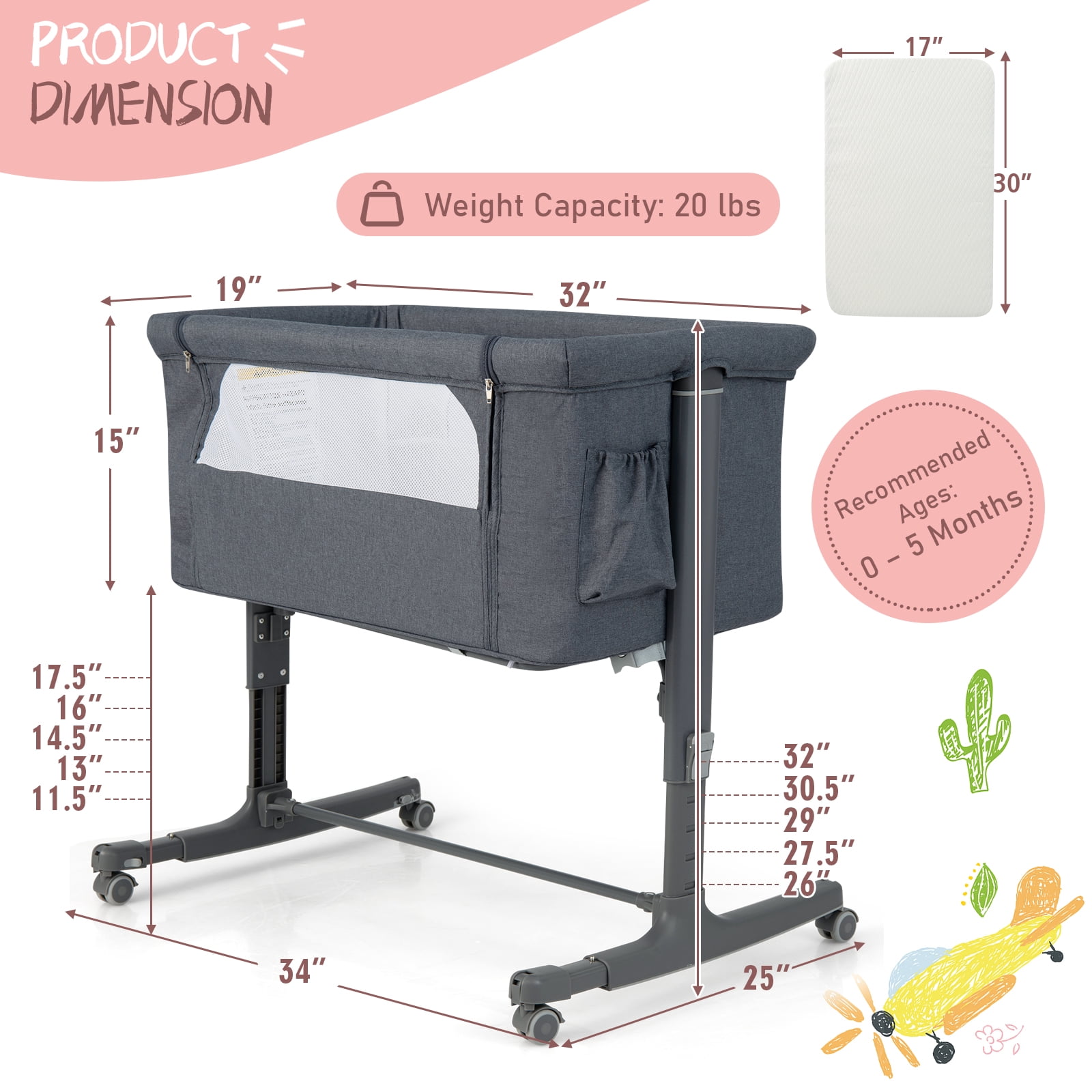 Babyjoy 3-in-1 Baby Bassinet Beside Sleeper Crib with 5-Level Adjustable Heights Gray