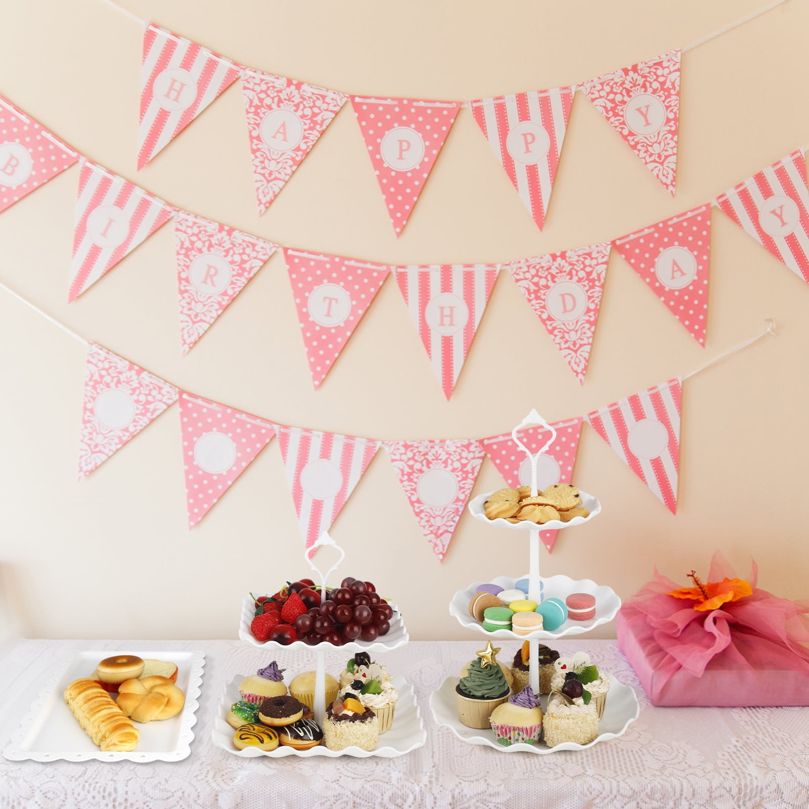TINANA 10 PCS Plastic Cake and Cupcake Stand Set, 3 Two-Tier Stands, 3 Three-Tier Stands, 4 Appetizer Trays, for Birthday, Bridal, and Baby Shower Parties, White