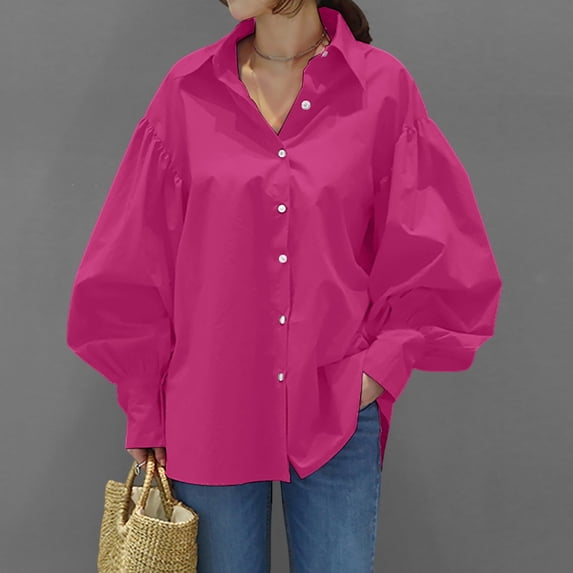 LIUJUNSHOP Womens Button Down Tunic Shirts Plus Size Long Puff Sleeve Peplum Tops Collared Blouses