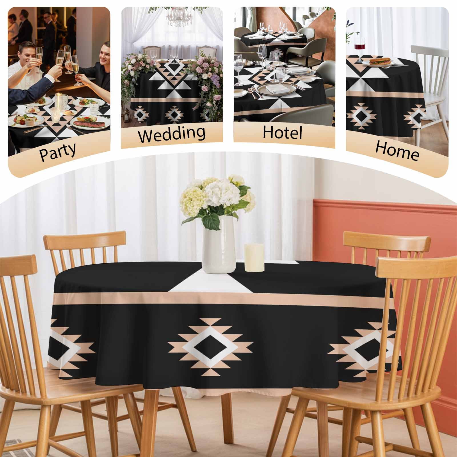 Round Tablecloth Retro Boho Waterproof Oil Proof Polyester Table Cloth Cover Decor for Home Dining Outdoor,Patio,Parties, 60" Dia. Aztec Western Tribal Pattern Black Brown