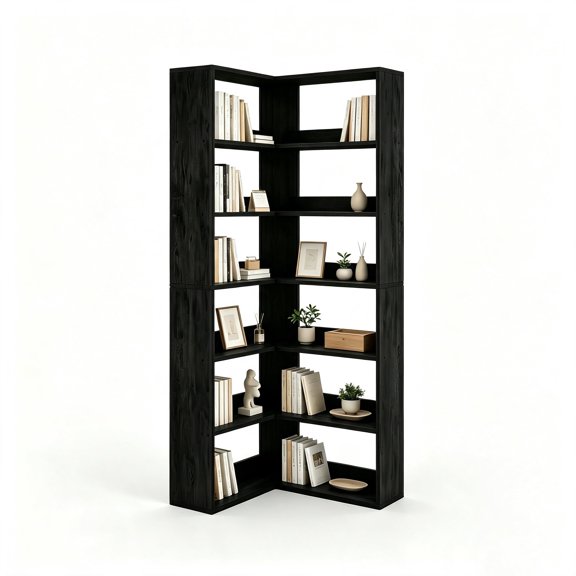 6-Tier Corner Bookshelf, Rustic Wood Corner Shelf Bookcase with Open Storage, Space Saving l-Shaped Display Shelf for Living Room, Bedroom, Home Office
