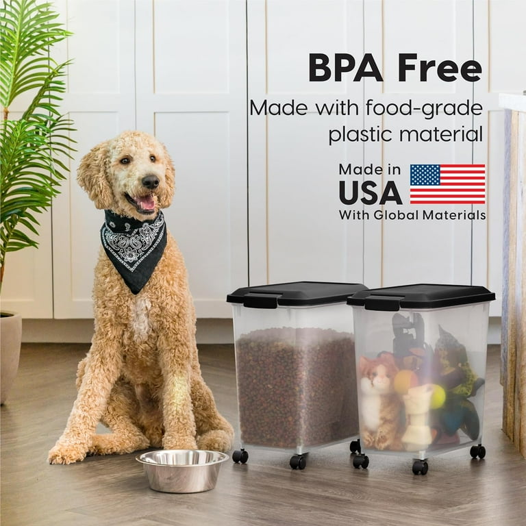 Iris USA 2 Pack 30 lbs 33 qt Airtight Dog Food Storage Container with Attachable Casters Dog Cat Bird and Other Pet Food Storage Bin Clear Black