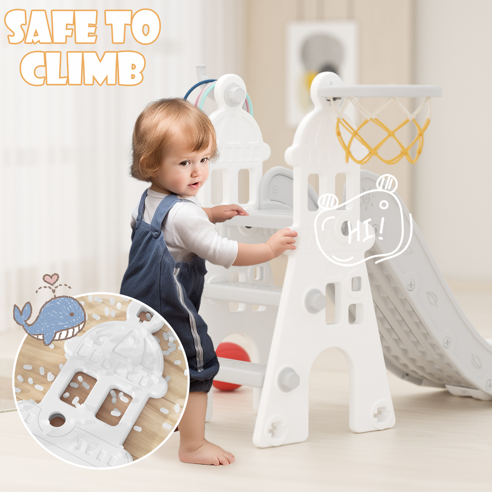 XJD 4-in-1 Kids Slide for Toddlers Age 1-3 Slide and Swing Set,Indoor Playground for Children,Freestanding Outdoor Slides with Basketball Hoop, Baby Climbing Toys