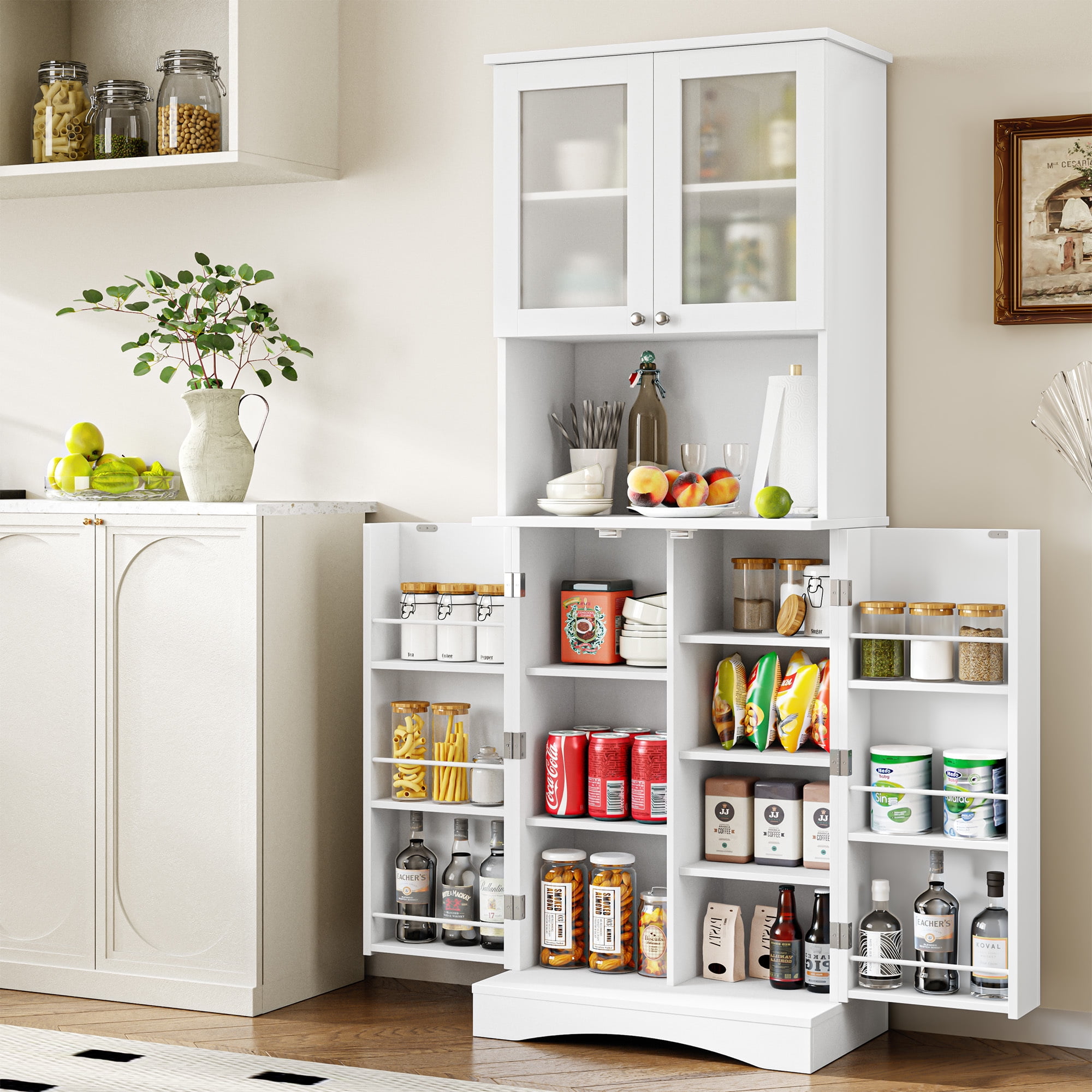 Homfa Farmhouse Kitchen Pantry with Microwave Shelf, 4 Doors Food Storage Cabinet with Adjustable Shelves for Dining Room, White