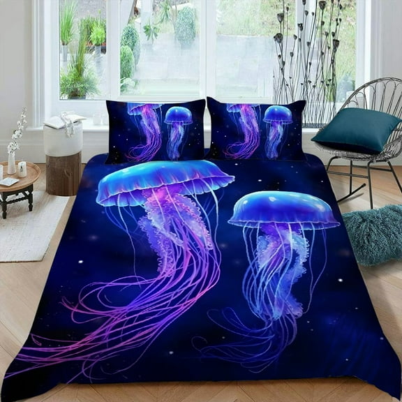 PRATYUS Jellyfish Bioluminescence 3-Piece Bedding Set (Single-Sided Print) High Quality Sleep Peach Skin Velvet Bedroom; Guest Room 87x68in