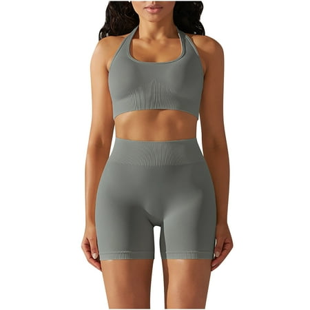 Abomasnow Workout Sets for Women 2 Piece Seamless Gym Athletic Yoga Outfits Halter Neck Backless Sports Bra High Waist Biker Shorts on Clearance