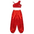 thumbnail image 4 of YONGHS Belly Dance Outfits for Girls Ruffle Crop Top with Wide-Leg Bloomers Pants 2PCS Set Red 10, 4 of 5