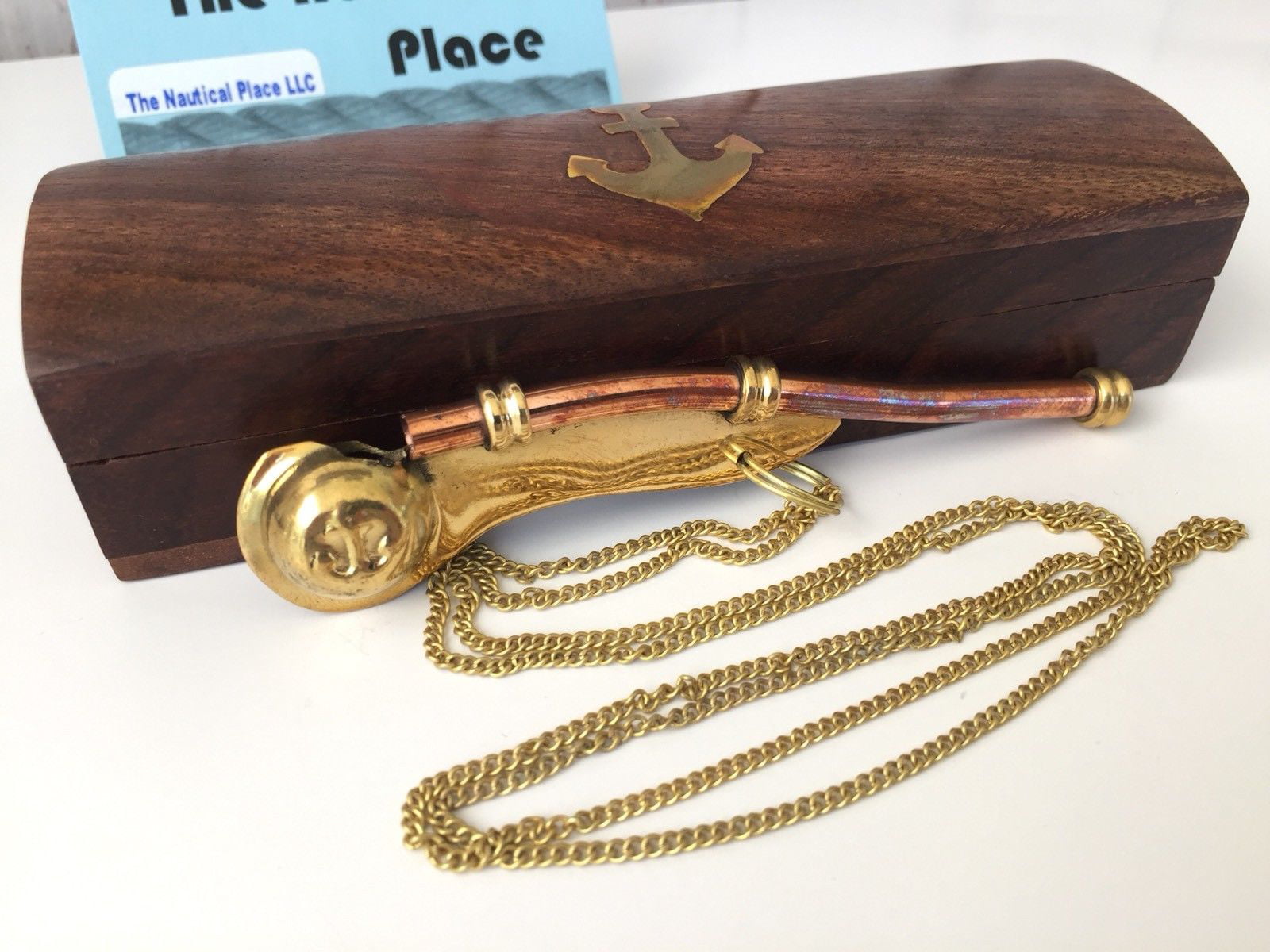 Nautical Mariner Boatswains Whistle Chain Bosun Pipe Nautical Collection with Wooden Box 